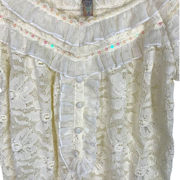 AMERICAN RAG Women L Ivory Floral Lace Sequin Trim Peasant Smocked Top - Picture 3 of 10